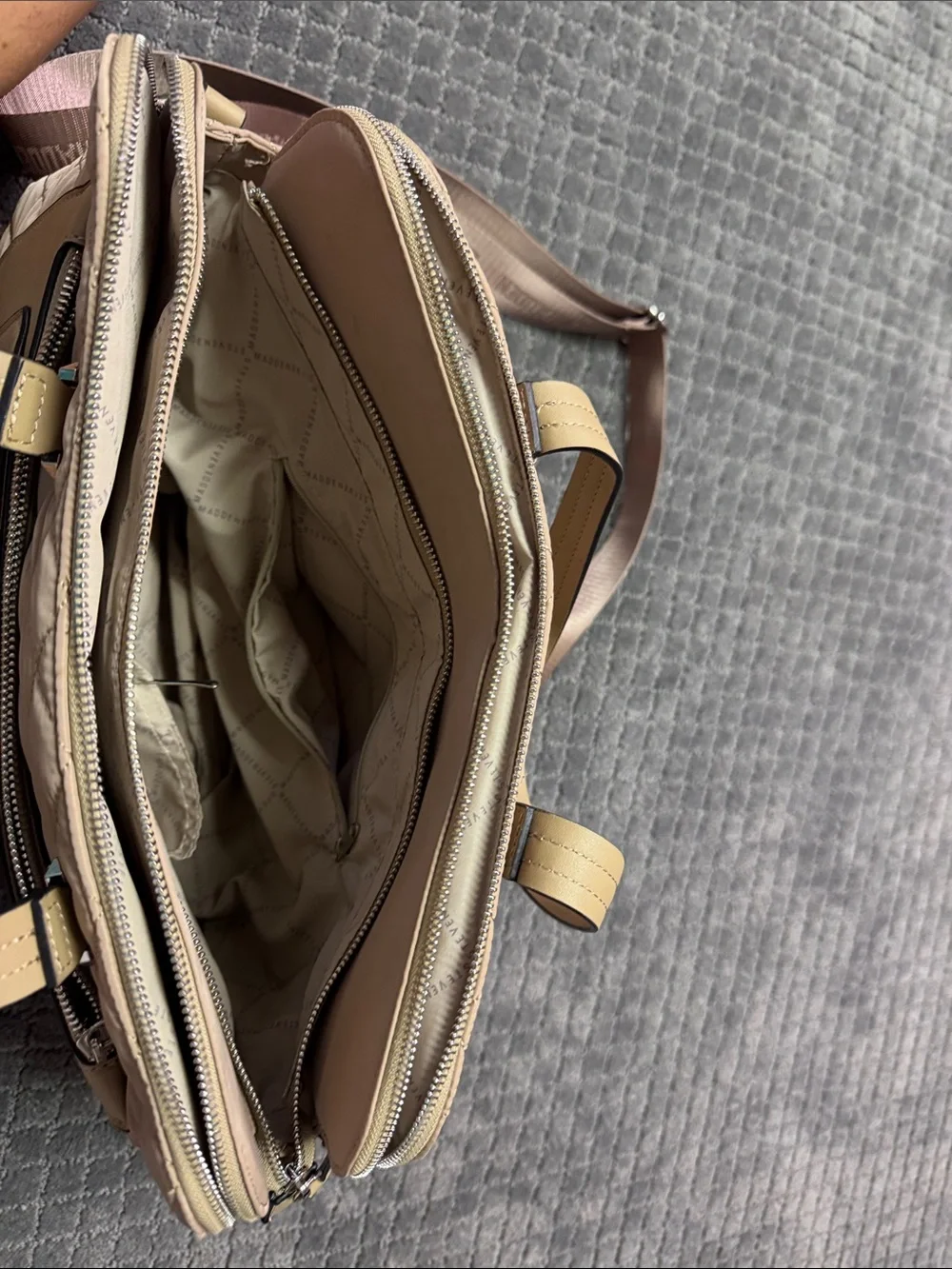Steve Madden Light Brown Quilted Laptop Tote with SM Emblem